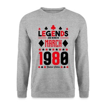 März 1980 Geburtstagsgeschenk. Kartenspiele. - Unisex Pullover - Weißgrau meliert - Vorne - Alina (178cm) & Michal (187cm)