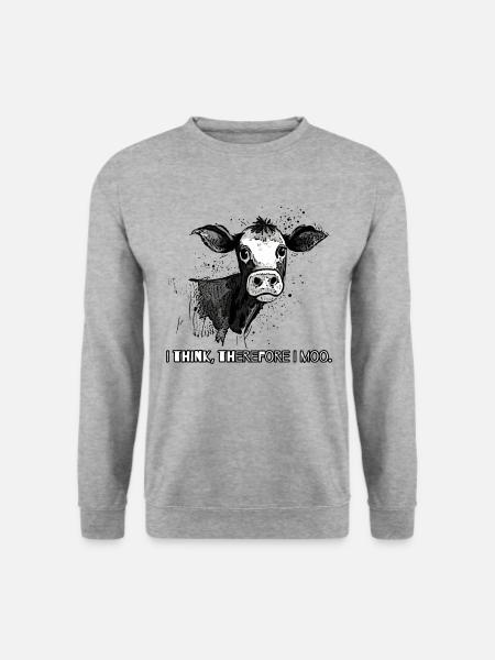 Ich denke, also muh - Eine Cartoon-Kuh - Unisex Pullover - Weißgrau meliert