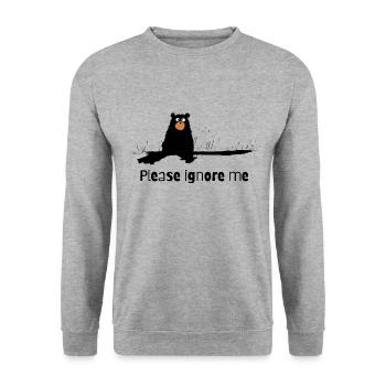 "Bitte ignoriere mich": Ein niedlicher Bär - Unisex Pullover - Weißgrau meliert - Vorne - Alina (178cm) & Michal (187cm)