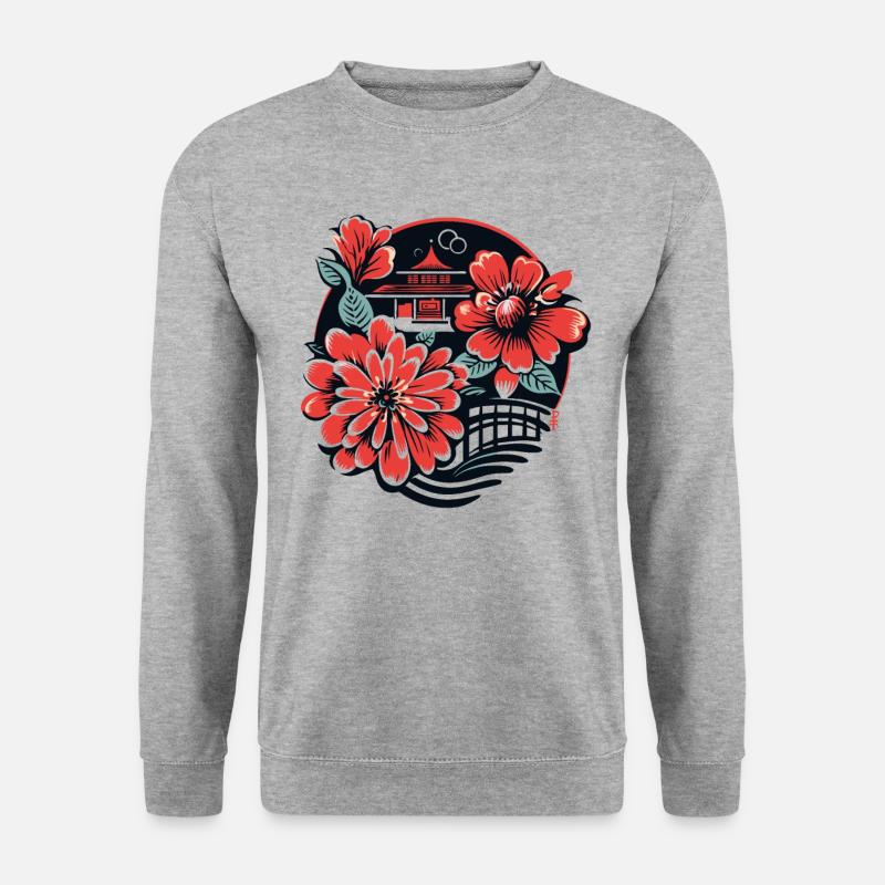 Japanischer Tempel und Blumen - Unisex Pullover - Weißgrau meliert