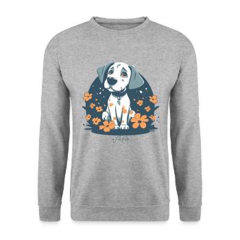 Niedlicher Welpe und Blumen - Unisex Pullover - Weißgrau meliert - Vorne - Alina (178cm) & Michal (187cm)