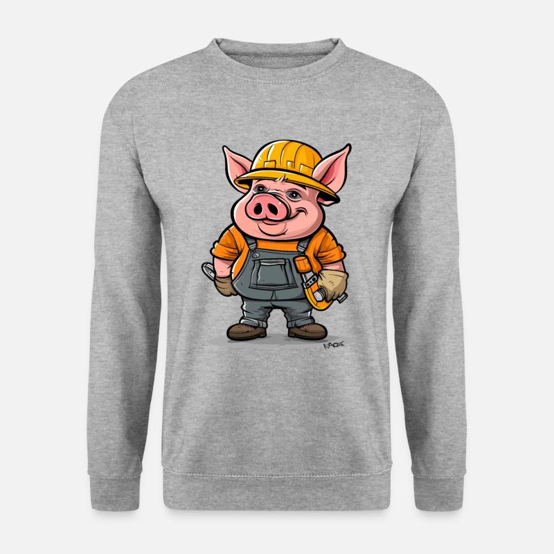 Lustiges Cartoon-Bauarbeiter-Schwein - Unisex Pullover - Weißgrau meliert