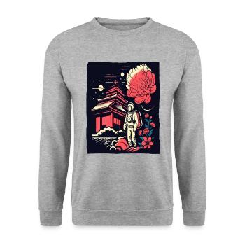 Astronaut vor japanischem Tempel mit Blumen - Unisex Pullover - Weißgrau meliert - Vorne - Alina (178cm) & Michal (187cm)