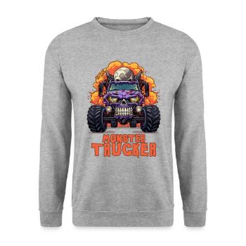 Monster Trucker: Monstertruck Totenkopf - Unisex Pullover - Weißgrau meliert - Vorne - Alina (178cm) & Michal (187cm)