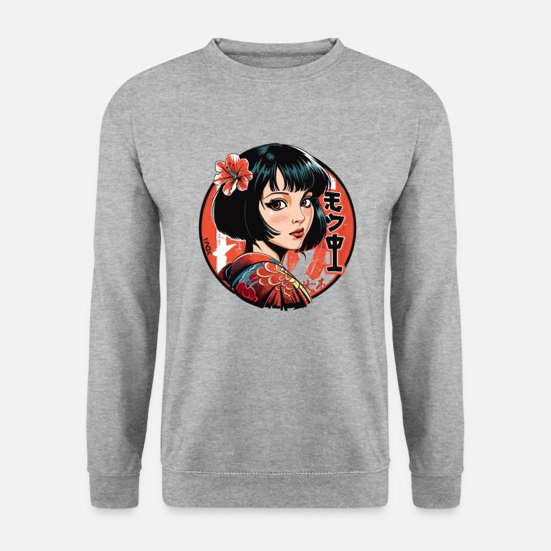 Japanischer Kimono: JDM Anime Geisha Mädchen - Unisex Pullover - Weißgrau meliert