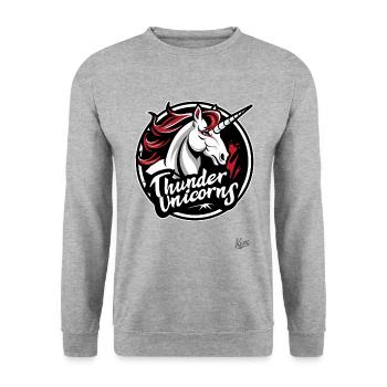 Lustige Sport-Logo-Parodie: Team Donner-Einhörner - Unisex Pullover - Weißgrau meliert - Vorne - Alina (178cm) & Michal (187cm)