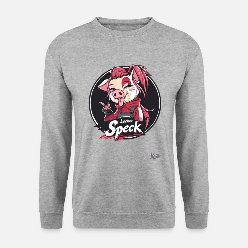 Anime-Schwein Maskottchen und Lecker Speck - Unisex Pullover - Weißgrau meliert