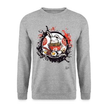 Eier, Nudeln und Hase mit japanischem Ramen - Unisex Pullover - Weißgrau meliert - Vorne - Alina (178cm) & Michal (187cm)