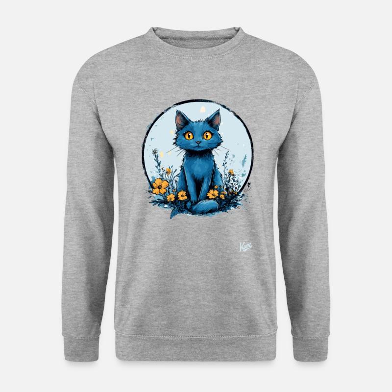 Blaue Katze mit gelben Blumen - Unisex Pullover - Weißgrau meliert
