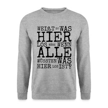 Was ist los ? Party Event Politik Demo Spruch - Unisex Pullover - Weißgrau meliert - Vorne - Alina (178cm) & Michal (187cm)