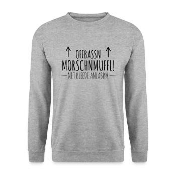 Morgenmuffel auf sächsisch Sachsen Shirt Sprüche - Unisex Pullover - Weißgrau meliert - Vorne - Alina (178cm) & Michal (187cm)