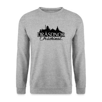 Dresdner Original auf sächsisch Skyline Dresden - Unisex Pullover - Weißgrau meliert - Vorne - Alina (178cm) & Michal (187cm)