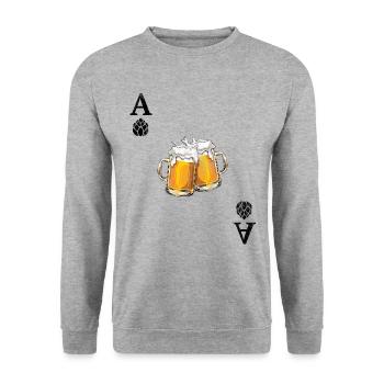 Hopfen ist Trumpf - Bier - As - Spielkarte - Unisex Pullover - Weißgrau meliert - Vorne - Alina (178cm) & Michal (187cm)