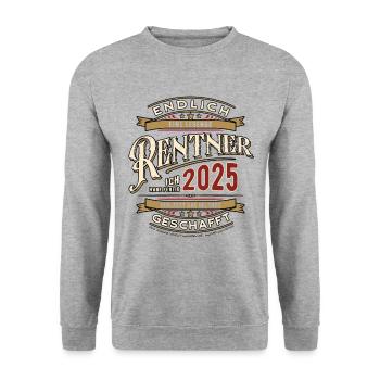 Rentner 2025 - endlich Geschafft - Ruhestand - Unisex Pullover - Weißgrau meliert - Vorne - Alina (178cm) & Michal (187cm)