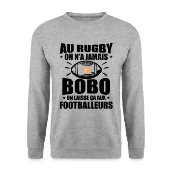 Au Rugby On N'A Jamais BOBO On Laisse ça Aux Foot - Sweat-shirt Unisexe - gris chiné - Devant - Alina (178cm) & Michal (187cm)