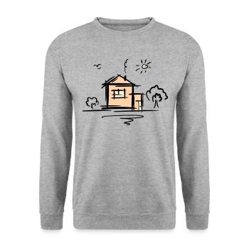 Haus mit Bäumen und Sonne. Zeichnung. Kritzelei. - Unisex Pullover - Weißgrau meliert - Vorne - Alina (178cm) & Michal (187cm)
