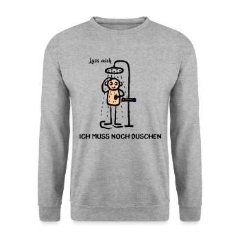 Mann unter der Dusche - Lass mich ich muss noch - Unisex Pullover - Weißgrau meliert - Vorne - Alina (178cm) & Michal (187cm)