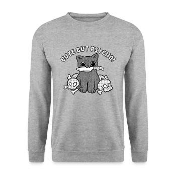 Cute but psycho ! - Süße Katze und lustiger Spruch - Unisex Pullover - Weißgrau meliert - Vorne - Alina (178cm) & Michal (187cm)