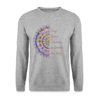 Mandala – Folge deinen Träumen/ Weg - lila - Unisex Pullover - Weißgrau meliert - Vorne - Alina (178cm) & Michal (187cm)