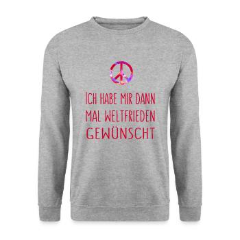 Ich habe mir dann mal Weltfrieden gewünscht - rot - Unisex Pullover - Weißgrau meliert - Vorne - Alina (178cm) & Michal (187cm)