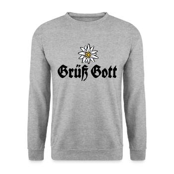 Grüß Gott - Alpen Edelweiß aus Bayern - Unisex Pullover - Weißgrau meliert - Vorne - Alina (178cm) & Michal (187cm)