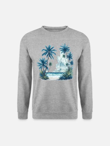Aquarellmalerei eines Strandes mit Palmen - Unisex Pullover - Weißgrau meliert