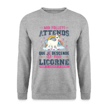 Moi Folle ? Attends Que Je Descende De Ma Licorne - Sweat-shirt Unisexe - gris chiné - Devant - Alina (178cm) & Michal (187cm)