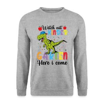 Hé les enfants, j'arrive, dinos, à l'école - Sweat-shirt Unisexe - gris chiné - Devant - Alina (178cm) & Michal (187cm)