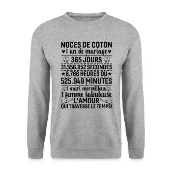 Noces De Coton 1 An De Mariage - Sweat-shirt Unisexe - gris chiné - Devant - Alina (178cm) & Michal (187cm)