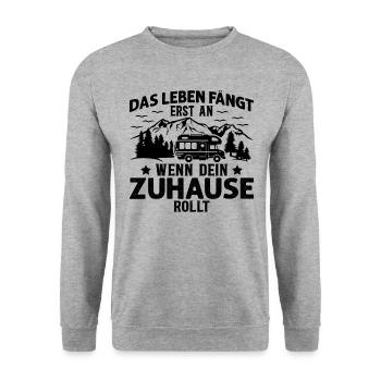 Das Leben Fängt Erst An Wenn Dein Zuhause Rollt - Unisex Pullover - Weißgrau meliert - Vorne - Alina (178cm) & Michal (187cm)