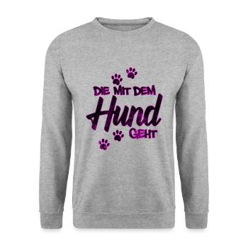 Die mit dem Hund geht | Hundebesitzer Geschenkidee - Unisex Pullover - Weißgrau meliert - Vorne - Alina (178cm) & Michal (187cm)