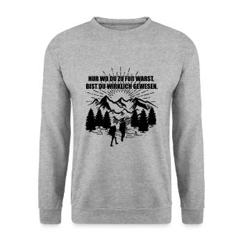 Nur wo du zu Fuß warst | Wandern Geschenkidee - Unisex Pullover - Weißgrau meliert - Vorne - Alina (178cm) & Michal (187cm)