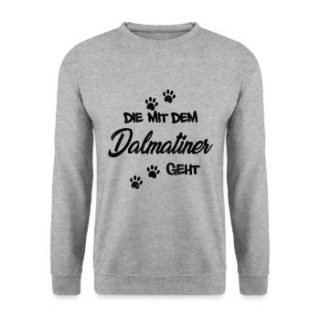 Die mit dem Dalmatiner geht | Hundebesitzerin - Unisex Pullover - Weißgrau meliert - Vorne - Alina (178cm) & Michal (187cm)