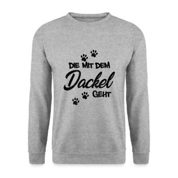 Die mit dem Dackel geht | Hundebesitzerin - Unisex Pullover - Weißgrau meliert - Vorne - Alina (178cm) & Michal (187cm)