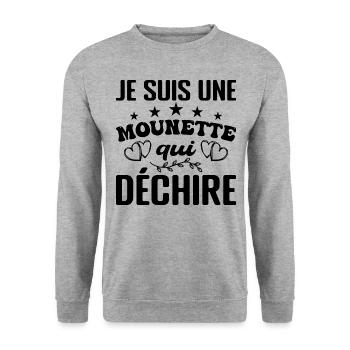 Gift Mounette Je suis une mounette qui tore - Unisex Pullover - Weißgrau meliert - Vorne - Alina (178cm) & Michal (187cm)