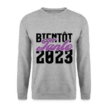 Cadeau Annonce grossesse bientôt Tante 2023. tata. - Sweat-shirt Unisexe - gris chiné - Devant - Alina (178cm) & Michal (187cm)