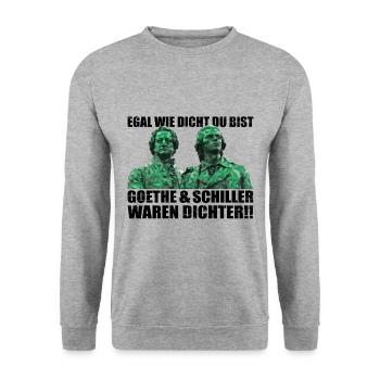Goethe und Schiller waren Dichter | Cannabis Fun - Unisex Pullover - Weißgrau meliert - Vorne - Alina (178cm) & Michal (187cm)
