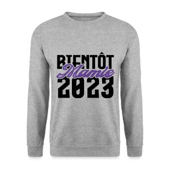 Cadeau Annonce grossesse bientôt Mamie 2023. - Sweat-shirt Unisexe - gris chiné - Devant - Alina (178cm) & Michal (187cm)