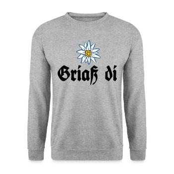 Griaß di - Alpen Edelweiß Gruß aus Bayern - Unisex Pullover - Weißgrau meliert - Vorne - Alina (178cm) & Michal (187cm)