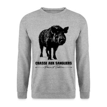 Le Sanglier Du Chasseur Passionné - Sweat-shirt Unisexe - gris chiné - Devant - Alina (178cm) & Michal (187cm)