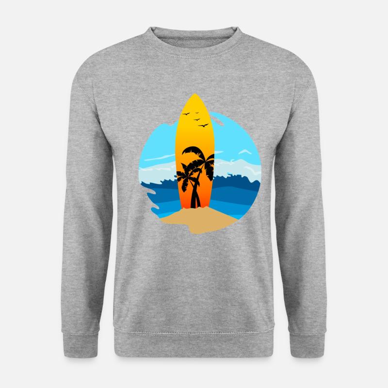 Une planche de surf avec des palmiers coincés dans le sable - Sweat-shirt Unisexe - gris chiné