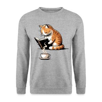 Reading Cat With Coffee celebrating slow mornings - Unisex Sweatshirt - salt & pepper - Front - Alina (178cm) & Michal (187cm)