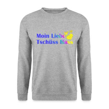 Moin Liebe, Tschüss Hass Herz romantisch Geschenk - Unisex Pullover - Weißgrau meliert - Vorne - Alina (178cm) & Michal (187cm)