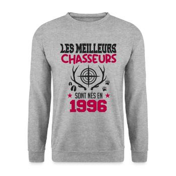 Anniversaire chasseur Née en 1996 - Sweat-shirt Unisexe - gris chiné - Devant - Alina (178cm) & Michal (187cm)