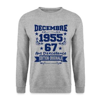 67 ans Vintage, Cadeau Anniversaire Décembre 1955 - Sweat-shirt Unisexe - gris chiné - Devant - Alina (178cm) & Michal (187cm)