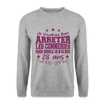 conneries 28 ans / cadeau anniversaire 28 ans - Sweat-shirt Unisexe - gris chiné - Devant - Alina (178cm) & Michal (187cm)