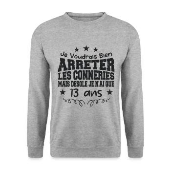 conneries 13 ans / cadeau anniversaire 13 ans - Sweat-shirt Unisexe - gris chiné - Devant - Alina (178cm) & Michal (187cm)