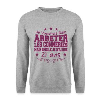 conneries 21 ans / cadeau anniversaire 21 ans - Sweat-shirt Unisexe - gris chiné - Devant - Alina (178cm) & Michal (187cm)