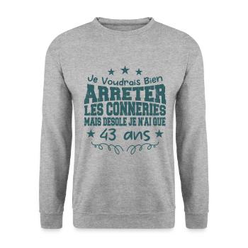 conneries 43 ans / cadeau anniversaire 43 ans - Sweat-shirt Unisexe - gris chiné - Devant - Alina (178cm) & Michal (187cm)