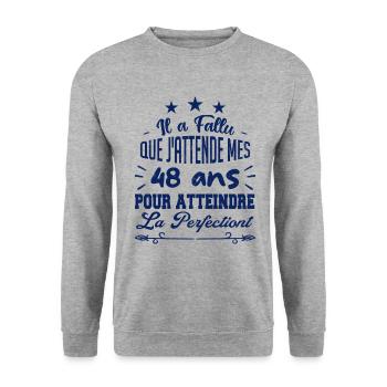 48 ans / perfection - Sweat-shirt Unisexe - gris chiné - Devant - Alina (178cm) & Michal (187cm)